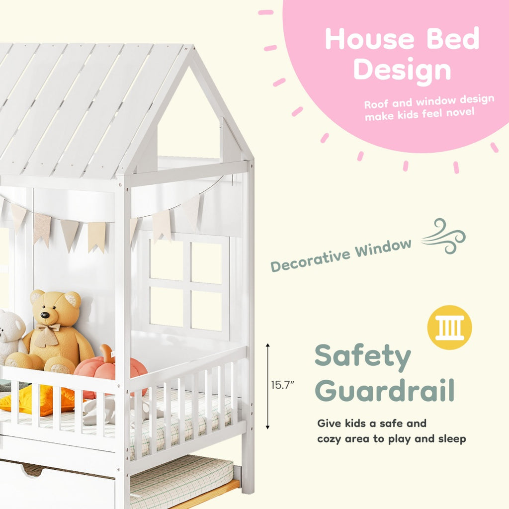 Twin House Bed With Trundle, 77.95'' Wooden Playhouse Bed Frame For Kids With Safety Rails & Window--A-B Combo Sale, Please Do Not Purchase Individually