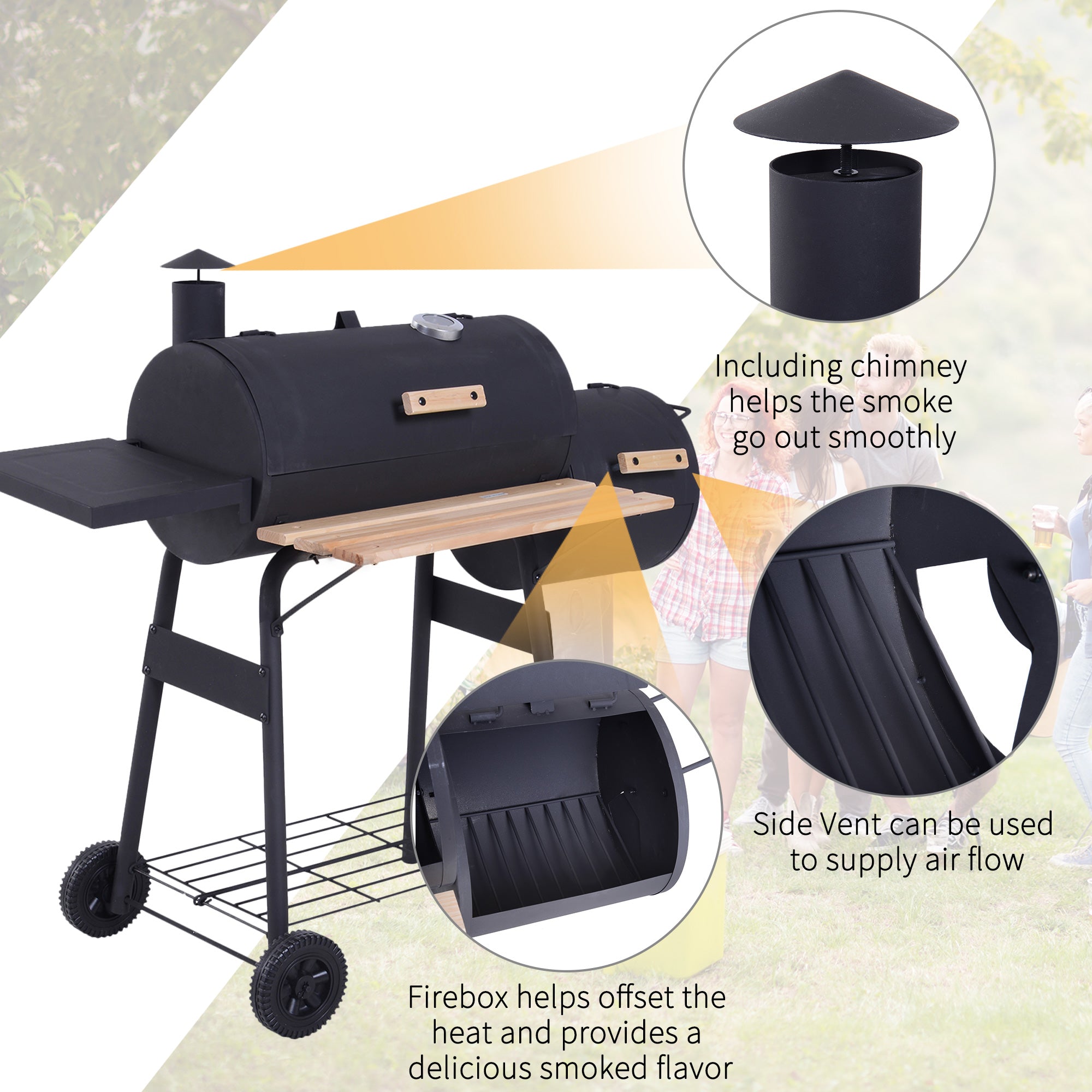 Charcoal BBQ, Portable Grill with Wheels, All-in-One Grill, Side vent, Two Shelves and Metal Grating, Lit-Mounted Thermometer, Wooden Handle, for Outdoor Cooking, Black