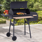 Charcoal BBQ, Portable Grill with Wheels, All-in-One Grill, Side vent, Two Shelves and Metal Grating, Lit-Mounted Thermometer, Wooden Handle, for Outdoor Cooking, Black