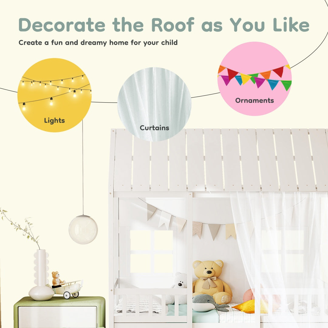 Twin House Bed With Trundle, 77.95'' Wooden Playhouse Bed Frame For Kids With Safety Rails & Window--A-B Combo Sale, Please Do Not Purchase Individually