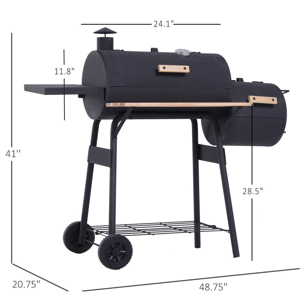 Charcoal BBQ, Portable Grill with Wheels, All-in-One Grill, Side vent, Two Shelves and Metal Grating, Lit-Mounted Thermometer, Wooden Handle, for Outdoor Cooking, Black