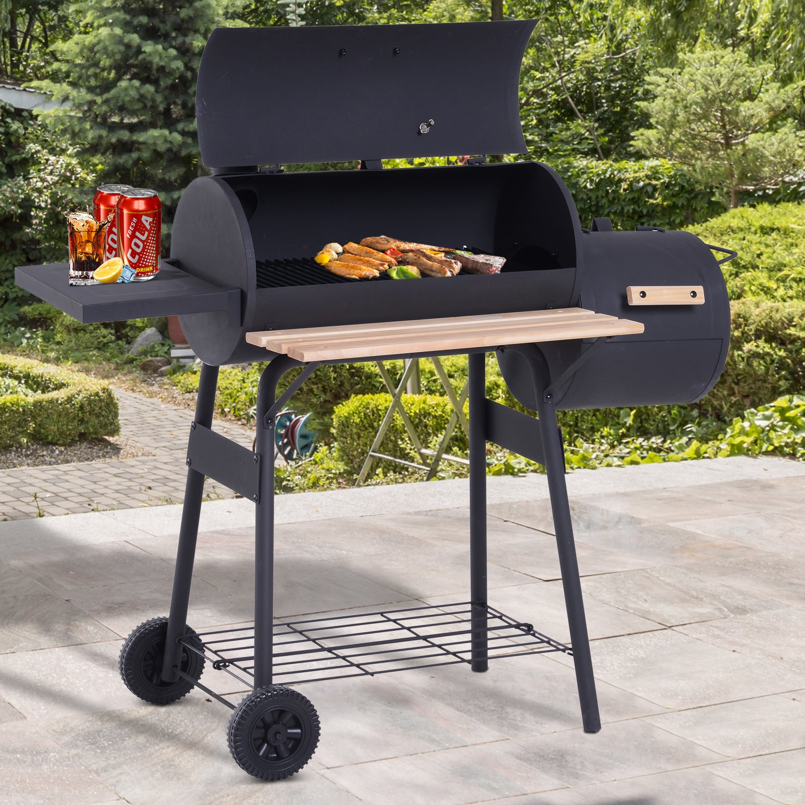 Charcoal BBQ, Portable Grill with Wheels, All-in-One Grill, Side vent, Two Shelves and Metal Grating, Lit-Mounted Thermometer, Wooden Handle, for Outdoor Cooking, Black