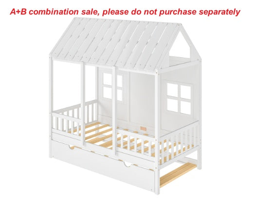 Twin House Bed With Trundle, 77.95'' Wooden Playhouse Bed Frame For Kids With Safety Rails & Window--A-B Combo Sale, Please Do Not Purchase Individually