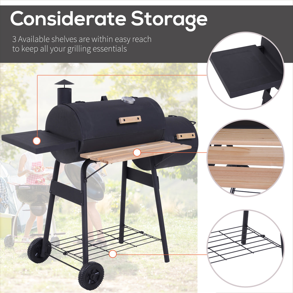 Charcoal BBQ, Portable Grill with Wheels, All-in-One Grill, Side vent, Two Shelves and Metal Grating, Lit-Mounted Thermometer, Wooden Handle, for Outdoor Cooking, Black