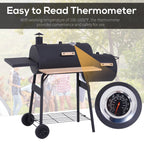 Charcoal BBQ, Portable Grill with Wheels, All-in-One Grill, Side vent, Two Shelves and Metal Grating, Lit-Mounted Thermometer, Wooden Handle, for Outdoor Cooking, Black