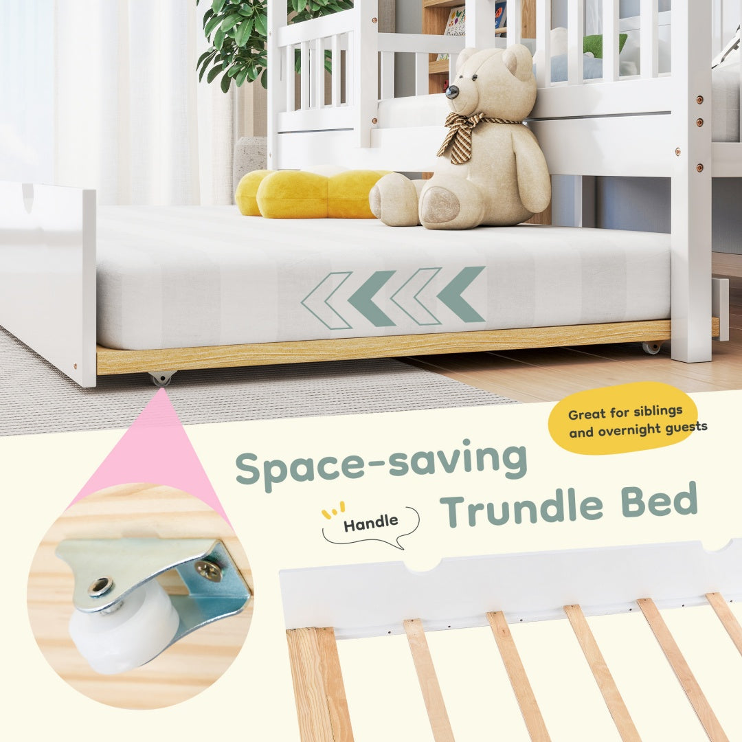 Twin House Bed With Trundle, 77.95'' Wooden Playhouse Bed Frame For Kids With Safety Rails & Window--A-B Combo Sale, Please Do Not Purchase Individually