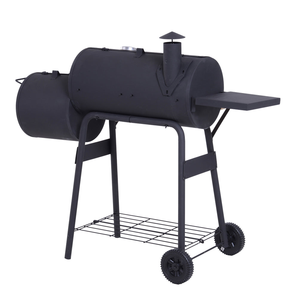 Charcoal BBQ, Portable Grill with Wheels, All-in-One Grill, Side vent, Two Shelves and Metal Grating, Lit-Mounted Thermometer, Wooden Handle, for Outdoor Cooking, Black