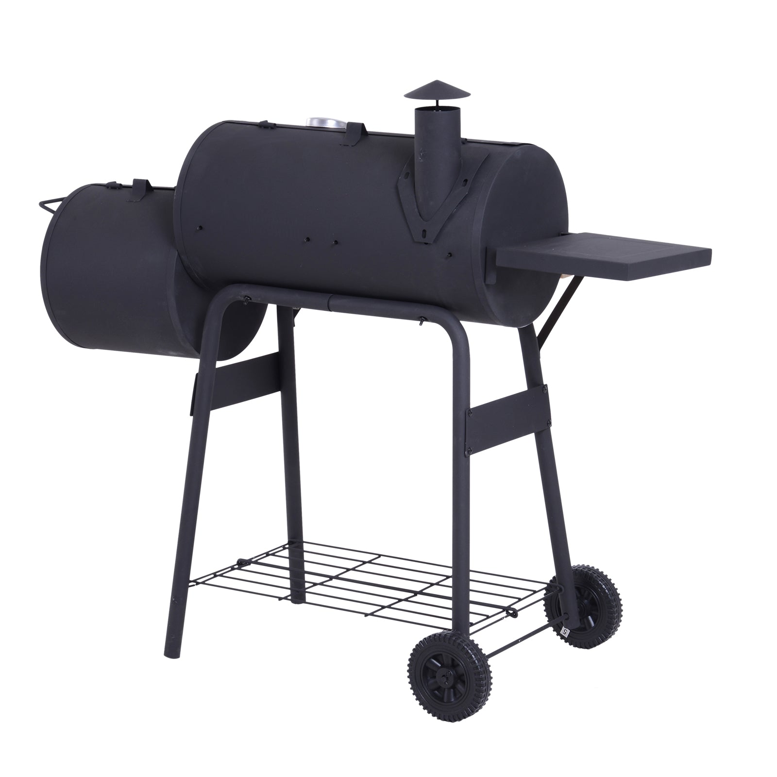 Charcoal BBQ, Portable Grill with Wheels, All-in-One Grill, Side vent, Two Shelves and Metal Grating, Lit-Mounted Thermometer, Wooden Handle, for Outdoor Cooking, Black