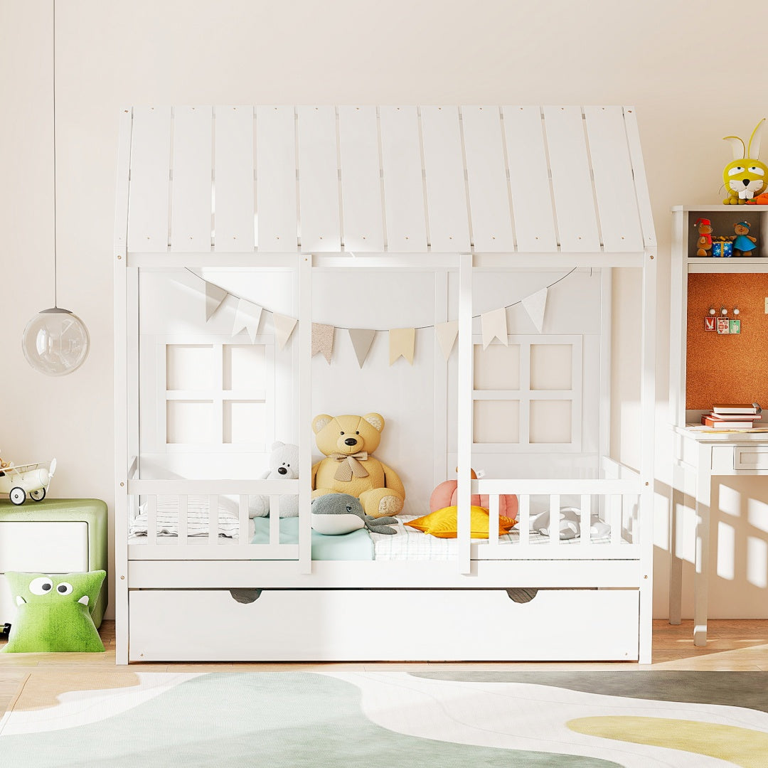 Twin House Bed With Trundle, 77.95'' Wooden Playhouse Bed Frame For Kids With Safety Rails & Window--A-B Combo Sale, Please Do Not Purchase Individually