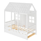 Twin House Bed With Trundle, 77.95'' Wooden Playhouse Bed Frame For Kids With Safety Rails & Window--A-B Combo Sale, Please Do Not Purchase Individually