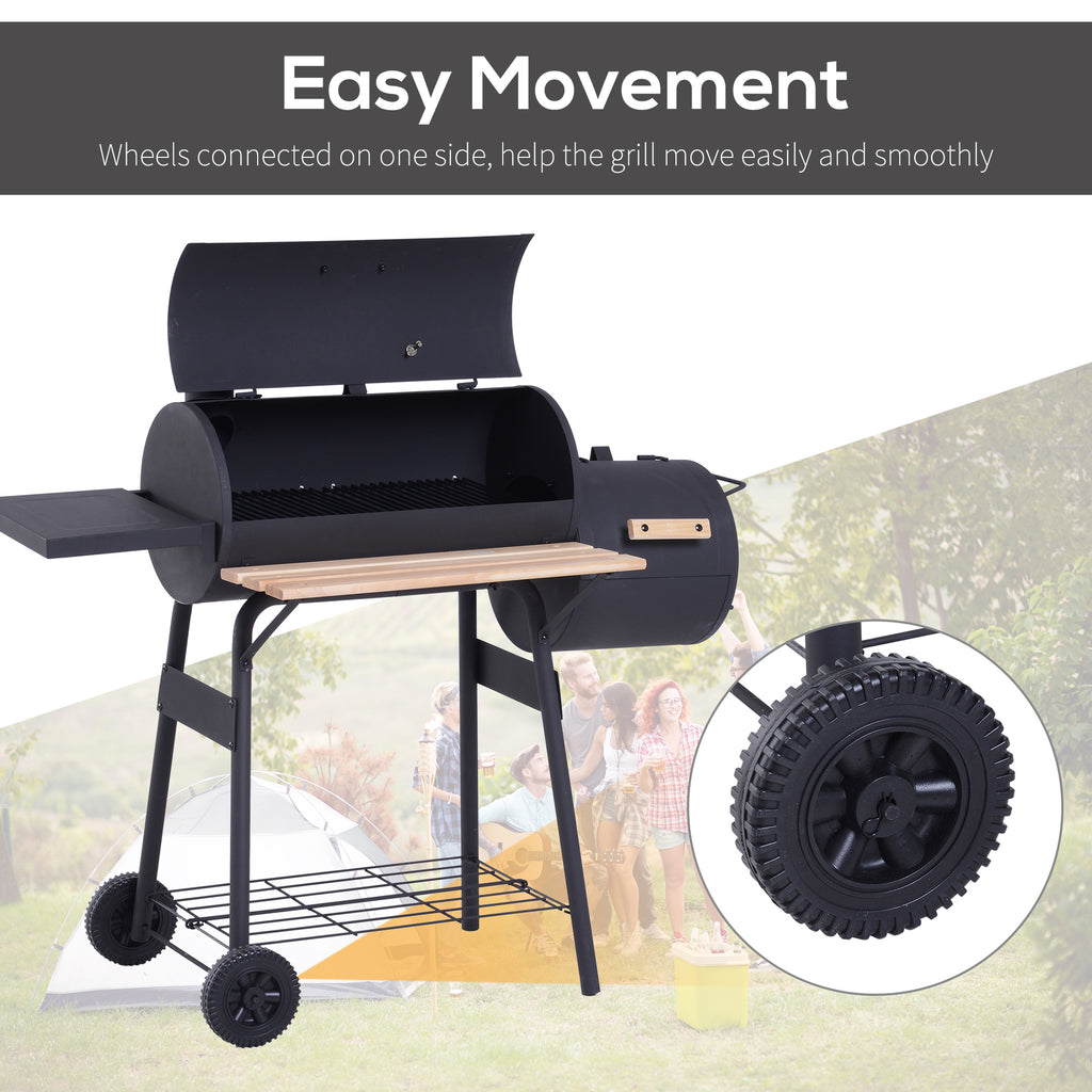 Charcoal BBQ, Portable Grill with Wheels, All-in-One Grill, Side vent, Two Shelves and Metal Grating, Lit-Mounted Thermometer, Wooden Handle, for Outdoor Cooking, Black