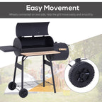 Charcoal BBQ, Portable Grill with Wheels, All-in-One Grill, Side vent, Two Shelves and Metal Grating, Lit-Mounted Thermometer, Wooden Handle, for Outdoor Cooking, Black