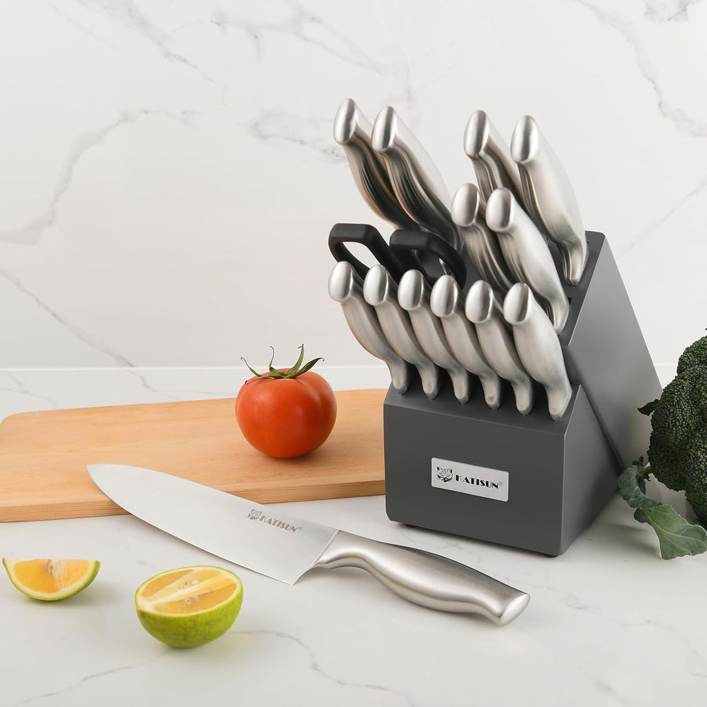 Kitchen Knife Set, 15 Pieces Knife Set With Block, Knives Set For Kitchen, Silver Hollow Ergonomic Handle For Chef Knife Set, Kitchen Shears,Black Knife Block Set