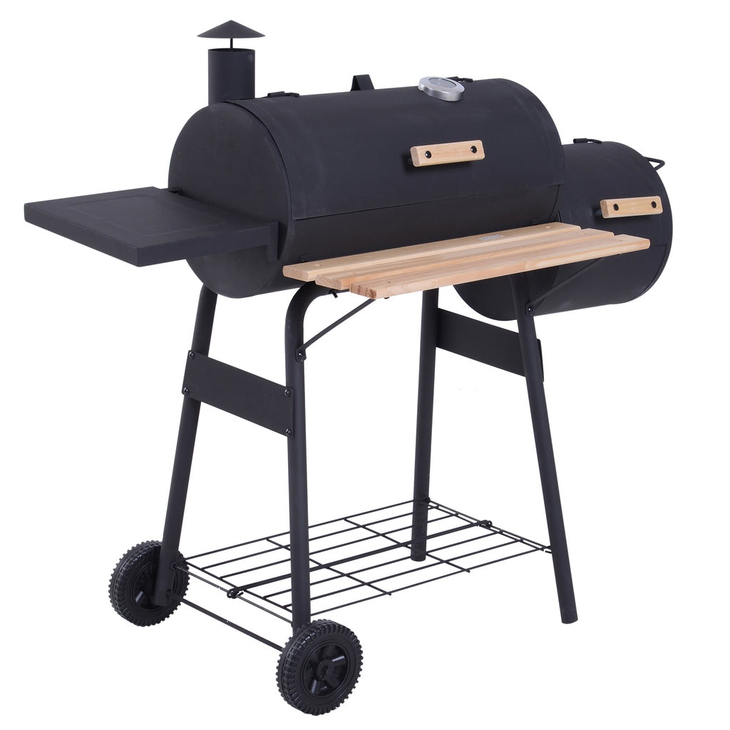 Charcoal BBQ, Portable Grill with Wheels, All-in-One Grill, Side vent, Two Shelves and Metal Grating, Lit-Mounted Thermometer, Wooden Handle, for Outdoor Cooking, Black